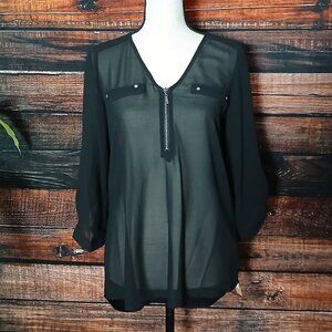 NWT Takara Tunic Top S Black Sheer 3/4 Sleeve Roll Tab Cuffs Hi Low